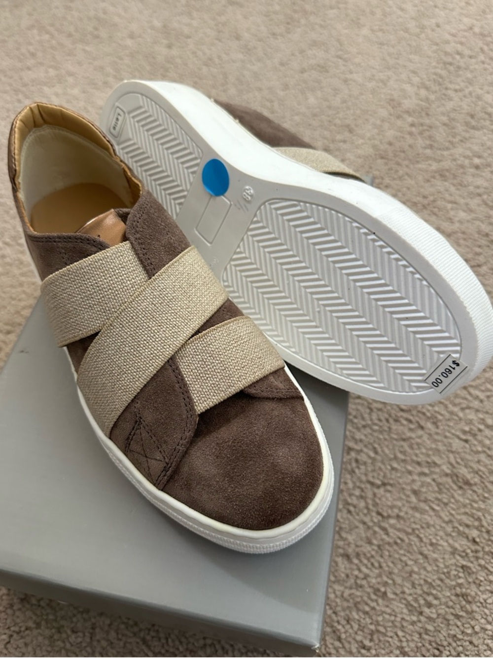NWB Latte Graffite Slip-On Sneakers with Beige Elastic Straps by The Flexx